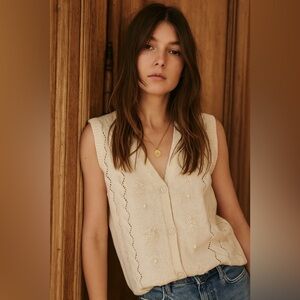 Vintage Cream Knit Button‑Front Sleeveless Top